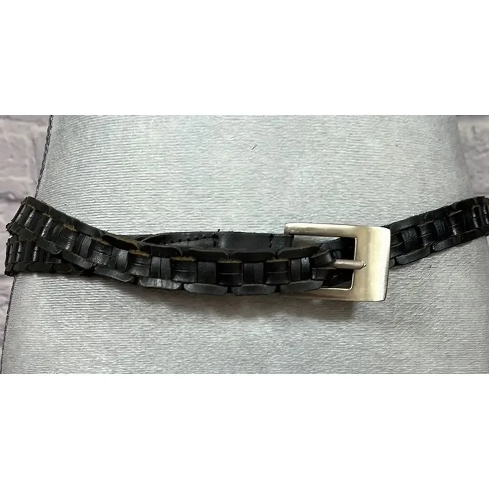 Unique Black Woven Leather Chain Belt with Silver Buckle